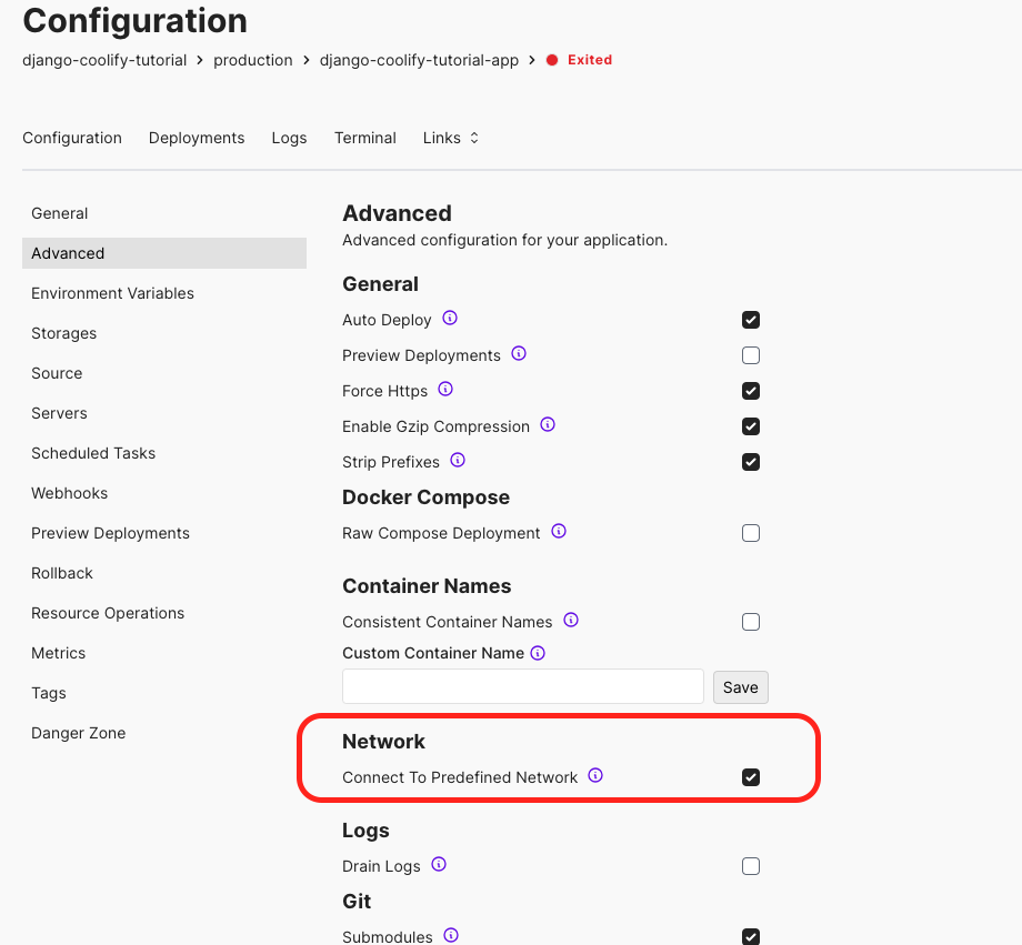 Coolify advanced variables