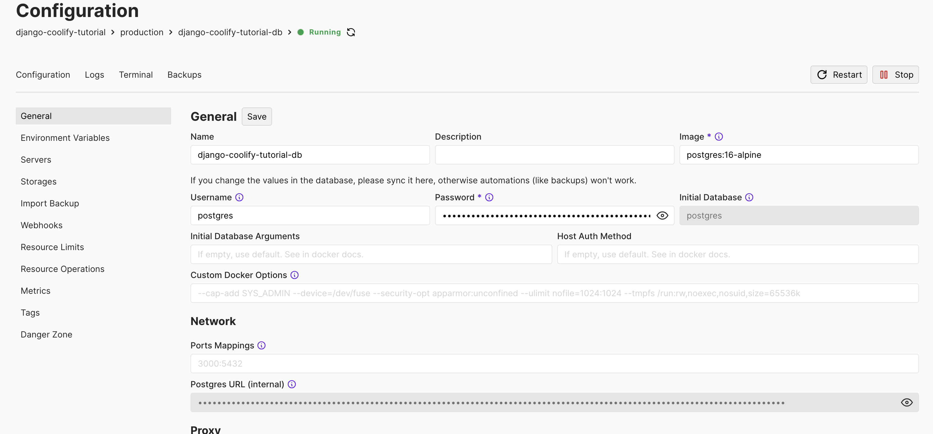 Coolify database setup